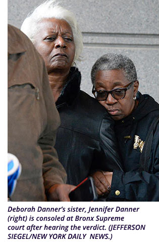 Deborah Danner's sister, Jennifer Danner (right), is consoled at Bronx Supreme court after hearing the verdict. (JEFFERSON SIEGEL/NEW YORK DAILY NEWS)